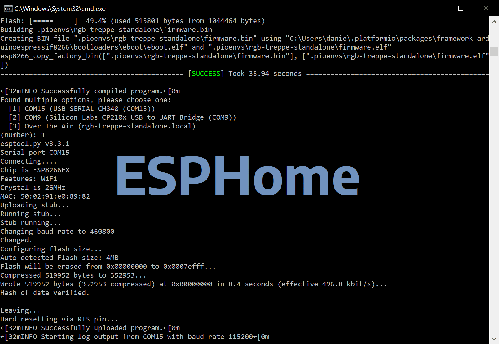 ESPHome mit Python über die Kommandozeile flashen